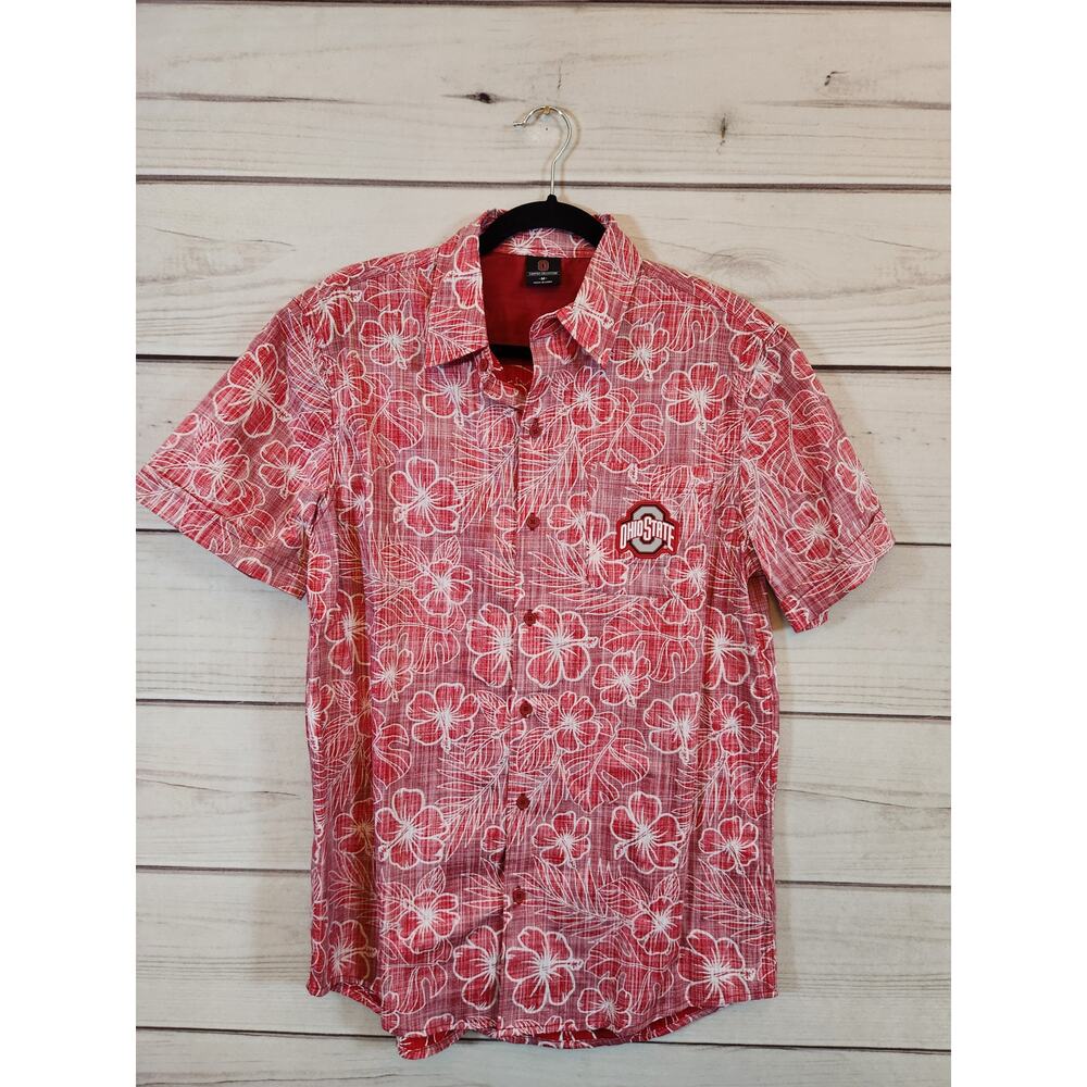 Ohio State Men's Red Floral Cotton Short Sleeve Button Down Shirt‎ Size Medium